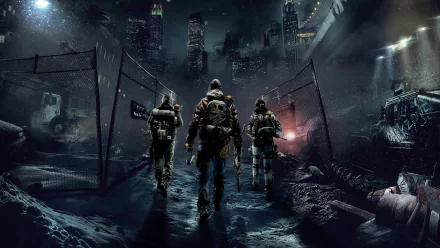 A dramatic HD wallpaper from Tom Clancy's The Division, featuring three characters walking through a dark, post-apocalyptic cityscape, illustrating the game's intense atmosphere.