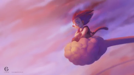 HD wallpaper of Goku from Dragon Ball Z, depicted in an anime-style illustration, riding a cloud with a vibrant purple and orange sky background.