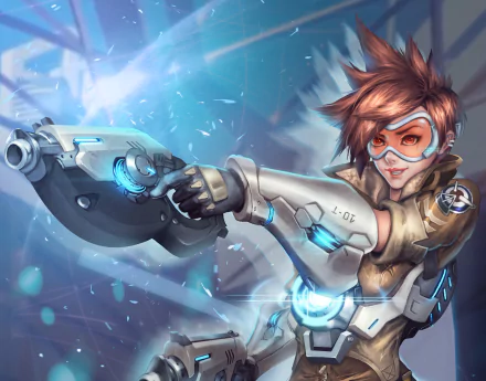 HD desktop wallpaper featuring Tracer from the video game Overwatch, showcasing the character in dynamic pose with futuristic gear and energetic background.