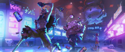 HD desktop wallpaper and background featuring Roadhog and Junkrat from the video game Overwatch, shown in a dynamic scene with vibrant colors and action-packed energy.