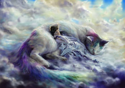 A fantasy HD desktop wallpaper featuring a giant, sleeping cat with purple hues, nestled among clouds. The ethereal scene exudes tranquility and dreaminess.