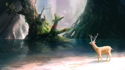 Artistic HD desktop wallpaper featuring the wreck of a Mitsubishi A6M Zero aircraft partially covered in moss and roots, set in a serene natural scene with a deer nearby.