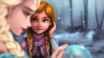 HD PC desktop wallpaper featuring Anna and Elsa from the Frozen movie, with a snowy forest background and a magical, wintry atmosphere.
