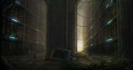 A post-apocalyptic library filled with towering shelves of books, bathed in dim light and surrounded by remnants of a forgotten world, creating a captivating sci-fi atmosphere.