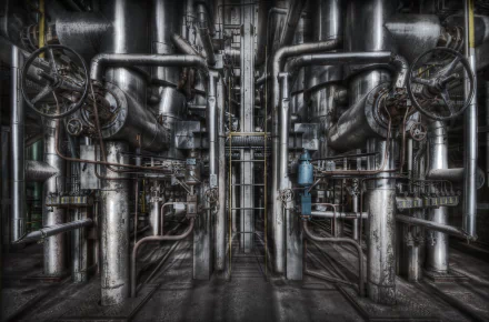 HDR image of a grey industrial factory interior with intricate man-made pipes and valves, captured in high detail as an HD PC desktop wallpaper background.