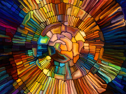 Artistic stained-glass mosaic in vivid colors radiating from a circular center, 5K Ultra HD PC desktop wallpaper and background.