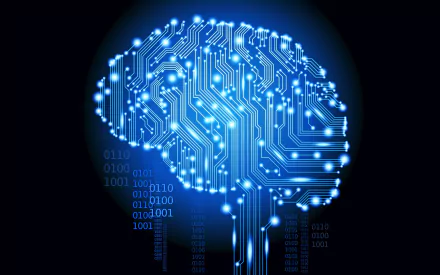 A vibrant blue brain composed of circuit patterns and binary code, glowing against a dark background. This HD wallpaper captures the essence of technology and neural connectivity.