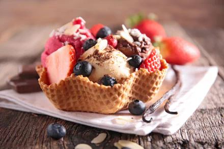 A 4K Ultra HD wallpaper featuring a dessert of ice cream scoops topped with fresh berries in a waffle bowl on a rustic wooden surface.
