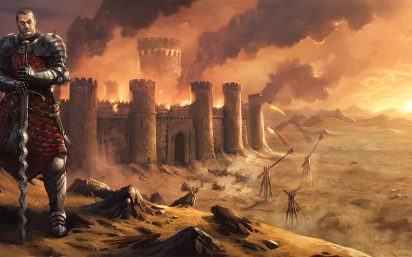 A fantasy warrior in armor stands with a sword in a desert battlefield near a burning castle, with trebuchets firing amidst smoke and fire at sunset.