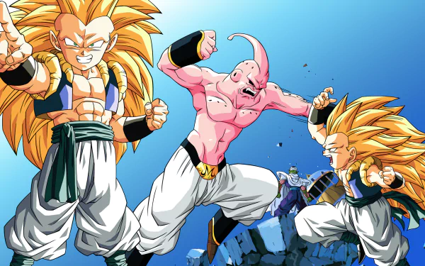 High-definition wallpaper featuring Piccolo, Majin Buu, and Gotenks from Dragon Ball Z, showcasing their iconic anime styles in an action-packed scene.