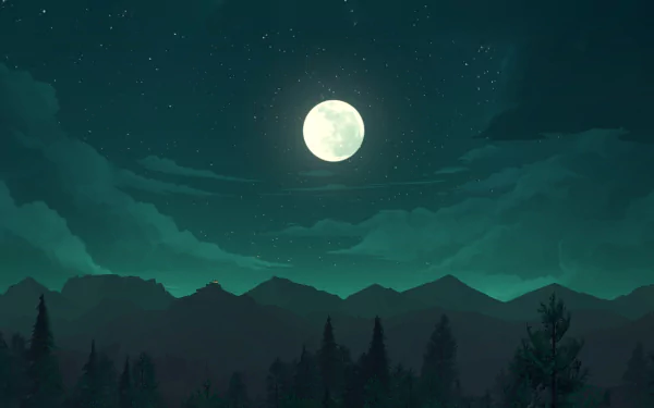A serene night sky featuring a bright moon over silhouetted mountains, inspired by the atmospheric visuals of the video game Firewatch. Suitable as an HD PC desktop wallpaper.