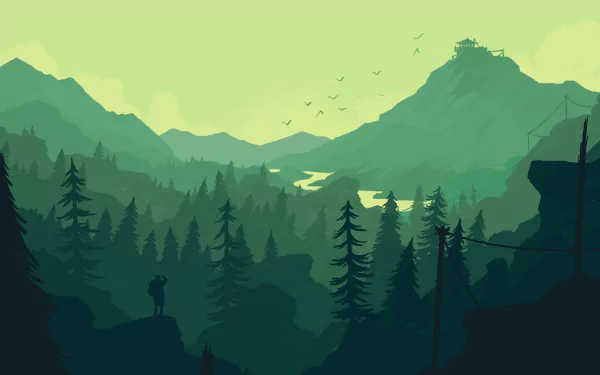 A serene landscape from the video game Firewatch, featuring mountains, dense forests, and a river under a soft green sky, creating a tranquil HD PC desktop wallpaper.
