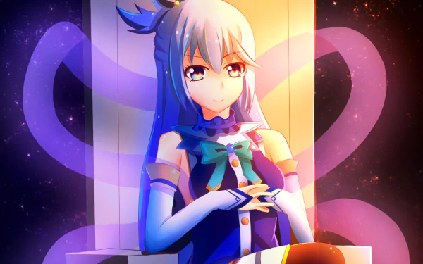 Aqua from *KonoSuba - God’s Blessing on This Wonderful World!!* sits on a throne, exuding a captivating aura with vibrant colors and a dreamy background, creating a striking HD desktop wallpaper.