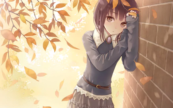 HD desktop wallpaper featuring an anime girl with short hair, wearing a skirt, leaning against a wall. Autumn leaves are falling around her, creating a serene and picturesque background.