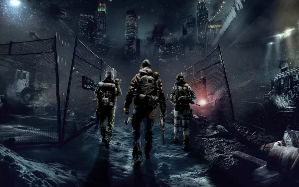 A dramatic HD wallpaper from Tom Clancy's The Division, featuring three characters walking through a dark, post-apocalyptic cityscape, illustrating the game's intense atmosphere.