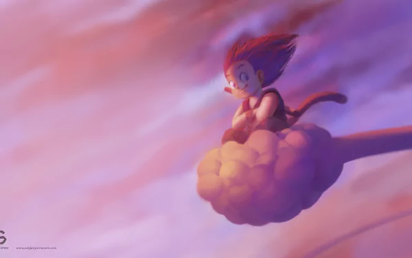 HD wallpaper of Goku from Dragon Ball Z, depicted in an anime-style illustration, riding a cloud with a vibrant purple and orange sky background.