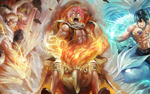 HD desktop wallpaper featuring a dynamic crossover of Articuno, Moltres, and Zapdos from Pokémon with Laxus Dreyar, Gray Fullbuster, and Natsu Dragneel from Fairy Tail, showcasing intense action and vibrant colors.