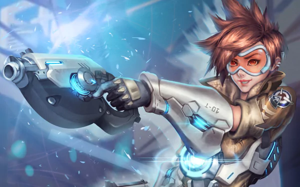 HD desktop wallpaper featuring Tracer from the video game Overwatch, showcasing the character in dynamic pose with futuristic gear and energetic background.