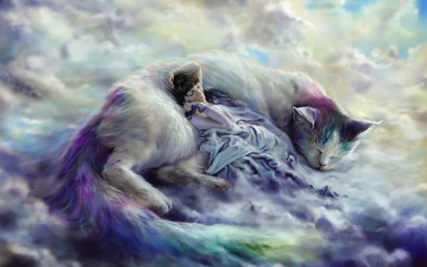 A fantasy HD desktop wallpaper featuring a giant, sleeping cat with purple hues, nestled among clouds. The ethereal scene exudes tranquility and dreaminess.