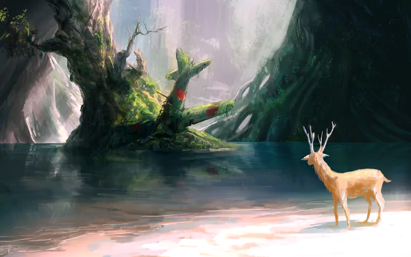 Artistic HD desktop wallpaper featuring the wreck of a Mitsubishi A6M Zero aircraft partially covered in moss and roots, set in a serene natural scene with a deer nearby.
