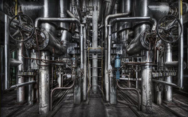 HDR image of a grey industrial factory interior with intricate man-made pipes and valves, captured in high detail as an HD PC desktop wallpaper background.