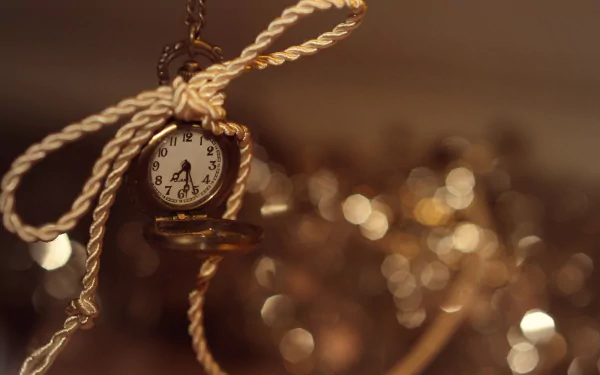 A close-up of a golden pocket watch tied with a rope, set against a soft bokeh background, designed as a 4K Ultra HD desktop wallpaper.