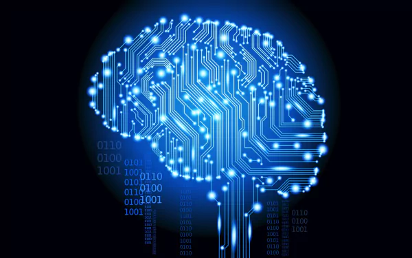 A vibrant blue brain composed of circuit patterns and binary code, glowing against a dark background. This HD wallpaper captures the essence of technology and neural connectivity.