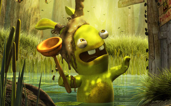 A vibrant HD wallpaper from Rayman Raving Rabbids 2 features a quirky yellow rabbit with a plunger, surrounded by a lush green environment filled with playful details.