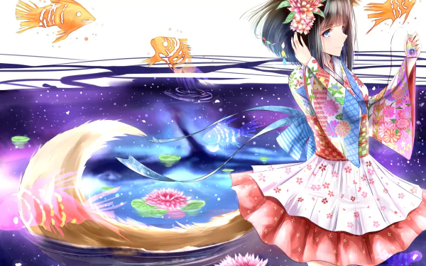 Anime-style HD desktop wallpaper featuring a smiling girl with animal ears, short hair, blue eyes, wearing a dress with pantyhose, surrounded by goldfish swimming in water.