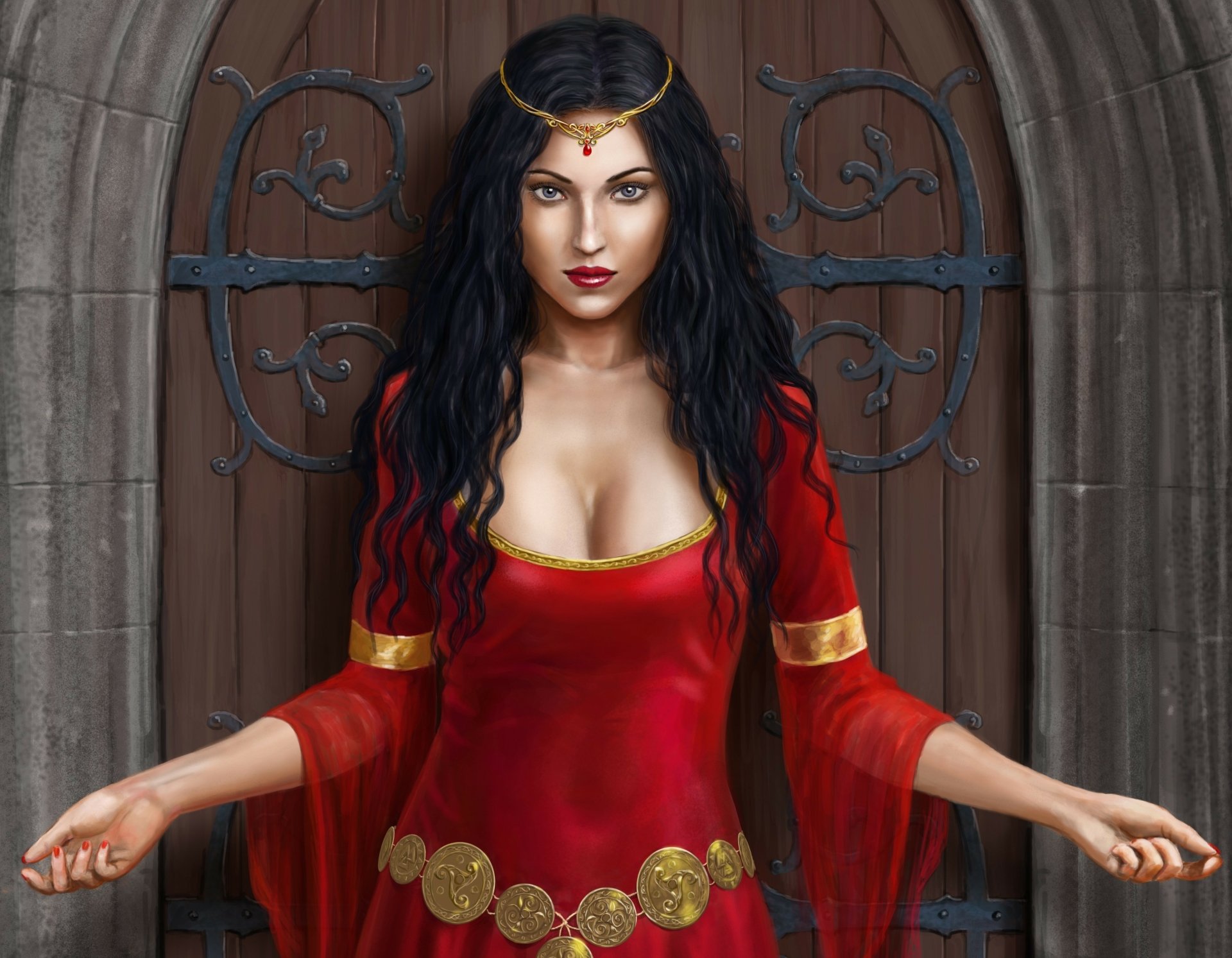 A fantasy woman with black hair, striking blue eyes, red lipstick, and gold jewelry wears a flowing red dress, standing confidently against a stone archway.