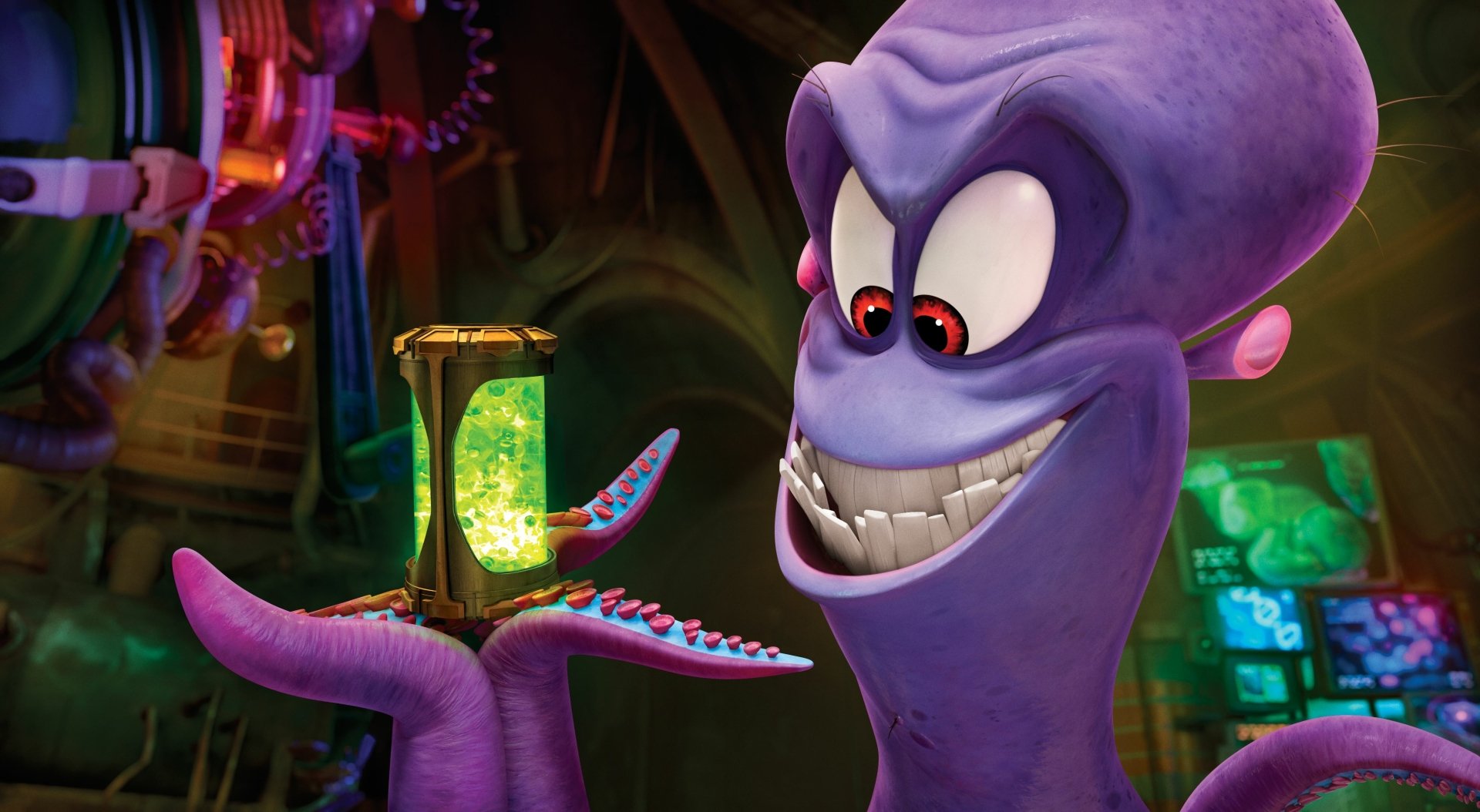 4K Ultra HD PC desktop wallpaper from the movie Penguins of Madagascar: grinning purple octopus villain Dave holds a glowing green gadget.
