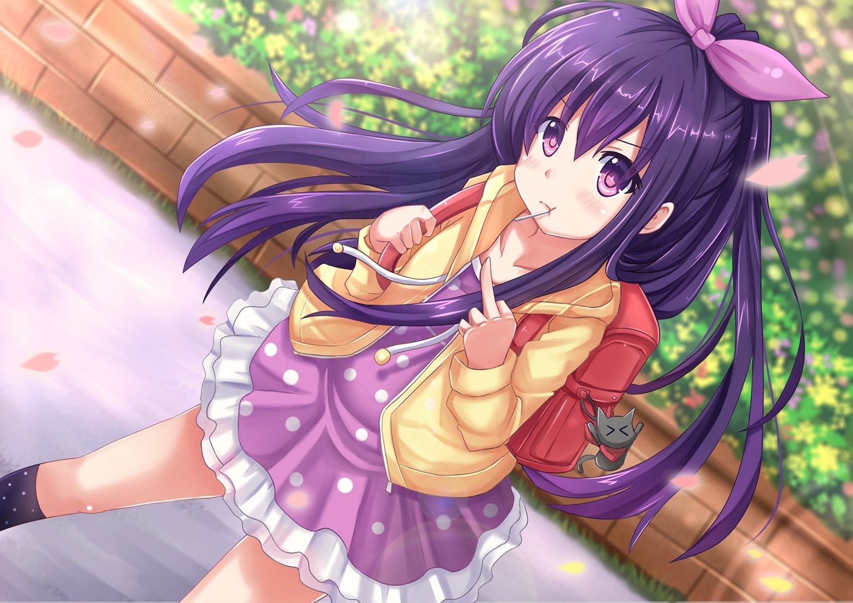 A vibrant HD desktop wallpaper featuring an anime character from Date A Live, dressed in a playful outfit, surrounded by a lush, blooming background.