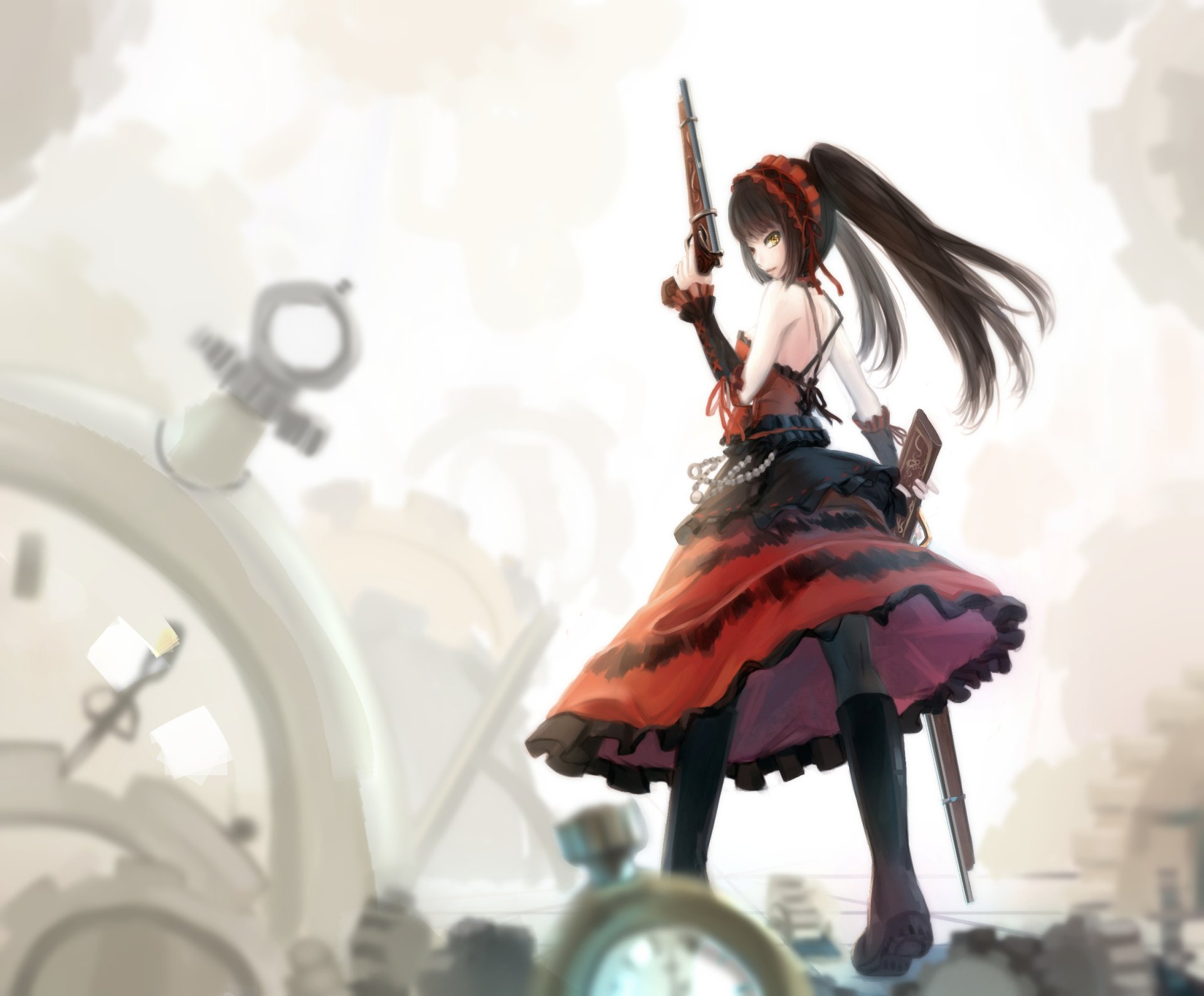 A dynamic HD wallpaper featuring an anime character from Date A Live, showcasing a girl in a striking red and black dress wielding a weapon against a backdrop of abstract clock elements.