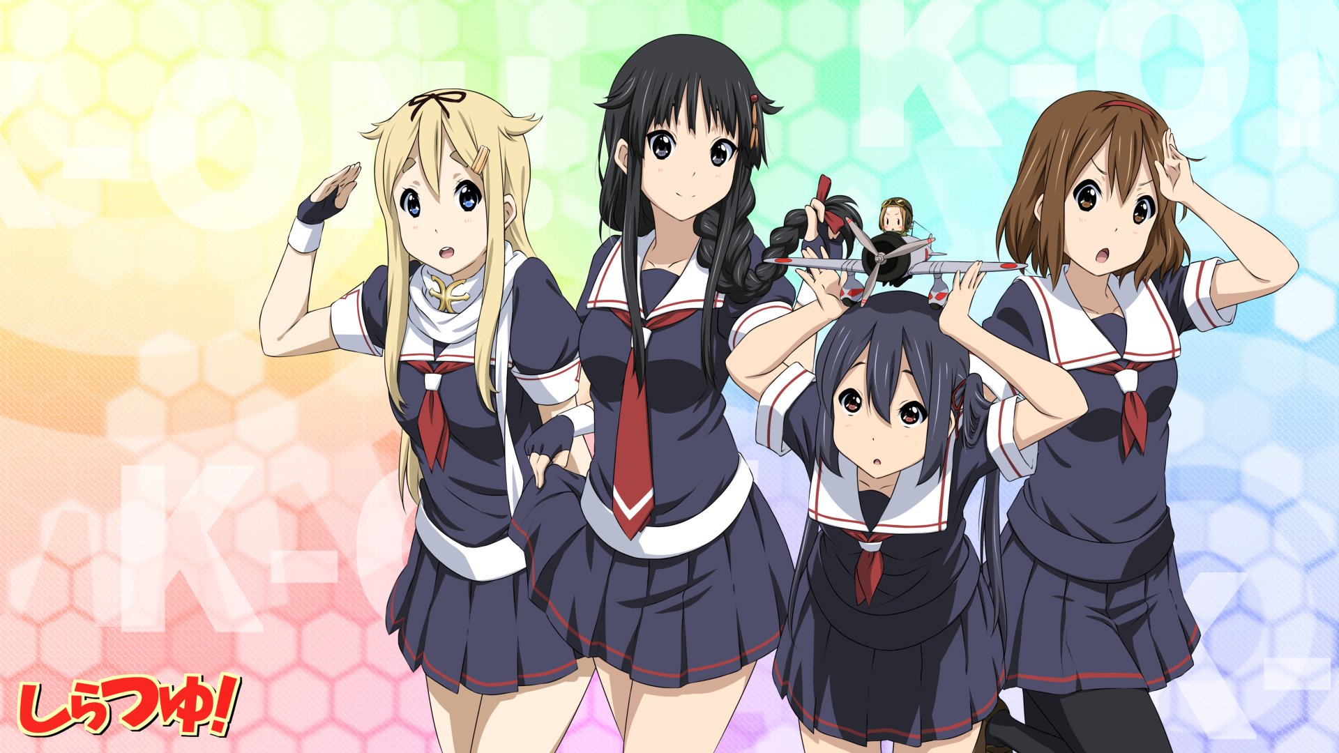 A vibrant HD wallpaper featuring Tsumugi Kotobuki, Azusa Nakano, Ritsu Tainaka, Yui Hirasawa, and Mio Akiyama from the anime K-ON!, showcasing their energetic fun and school spirit.