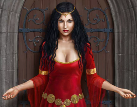 A fantasy woman with black hair, striking blue eyes, red lipstick, and gold jewelry wears a flowing red dress, standing confidently against a stone archway.