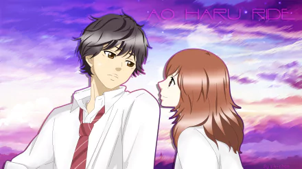 Kou Mabuchi and Futaba Yoshioka from the anime Ao Haru Ride are portrayed in a vibrant HD wallpaper, showcasing their emotional connection against a colorful sunset backdrop.