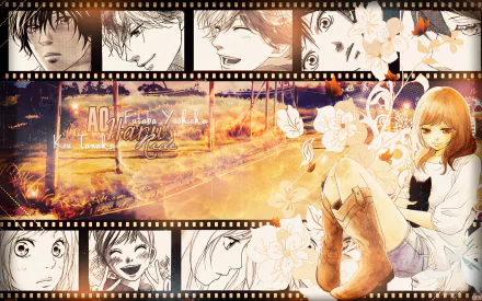 A vibrant HD wallpaper featuring characters Kou Mabuchi and Futaba Yoshioka from the anime Ao Haru Ride, set against a nostalgic, floral background with filmstrip accents.