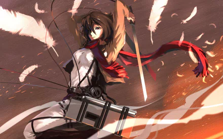 HD desktop wallpaper featuring Mikasa Ackerman from the anime Attack on Titan, depicted in action with her gear and a red scarf, amidst dynamic, painted effects.