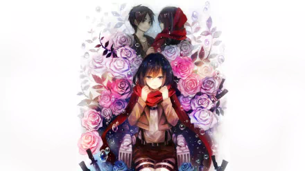 HD wallpaper featuring Eren Yeager and Mikasa Ackerman from the anime Attack on Titan, surrounded by vibrant roses and intricate floral designs.