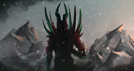 Terrorblade from DotA 2 stands amidst a snowy mountain landscape, silhouetted against a dark, stormy sky in this 4K Ultra HD video game wallpaper.