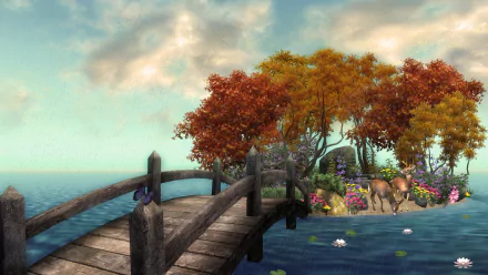 HD desktop wallpaper from the video game The Elder Scrolls IV: Oblivion featuring a wooden bridge over water, colorful autumn trees, and deer in a vibrant landscape.
