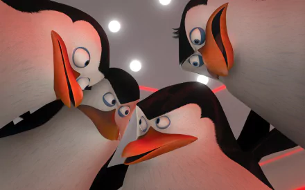 Close-up of the four Penguins of Madagascar huddled in a circle, animated faces lit dramatically — 2K Quad HD PC desktop wallpaper and background.