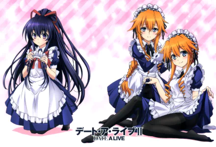 Anime-inspired HD wallpaper featuring characters from Date A Live, showcasing two female figures in elaborate maid outfits against a soft pink background.