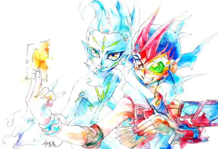 Anime Yu-Gi-Oh! Zexal HD PC desktop wallpaper background: vibrant watercolor of Yuma and Astral, Yuma grinning with duel disk and Astral holding a glowing card.