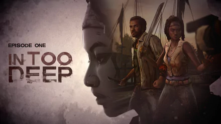 HD PC desktop wallpaper featuring characters from the video game The Walking Dead: Michonne, with a dark, moody background and the title In Too Deep.