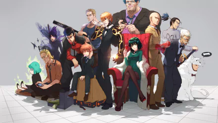 A vibrant HD desktop wallpaper featuring characters from One-Punch Man, showcasing a dynamic ensemble of heroes and villains in a stylish, contemporary setting.