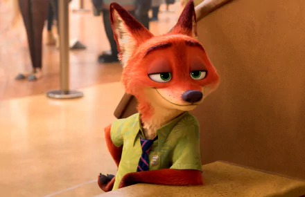 A vibrant HD wallpaper featuring Nick Wilde from the movie Zootopia, showcasing his charming, sly expression and playful demeanor in a lively urban setting.