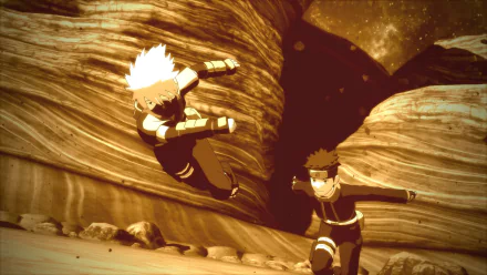 Obito Uchiha and Kakashi Hatake engage in action poses from the video game Naruto Shippuden: Ultimate Ninja Storm 4, depicted in a dramatic HD desktop wallpaper.