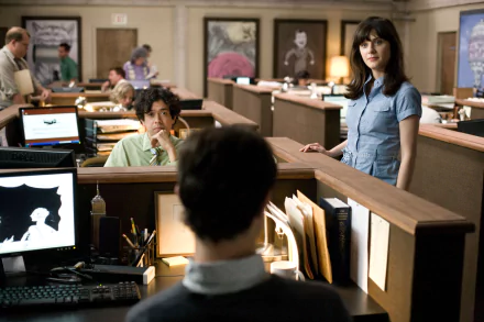 2K desktop wallpaper: office scene from 500 Days of Summer — Summer Finn in a blue blouse leans on a cubicle as McKenzie sits at his desk, another employee watches from the foreground.