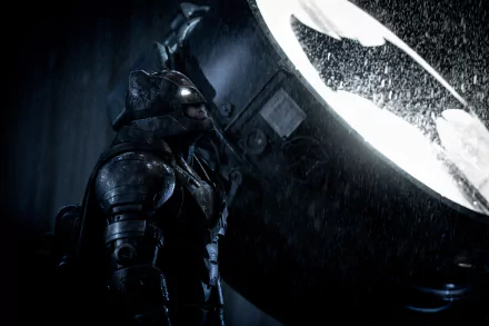 HD wallpaper of Ben Affleck as Batman, standing next to the glowing Bat-Signal in a scene from the movie Batman V Superman: Dawn of Justice.